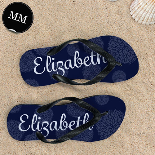 Navy Floral Personalized Flip Flops, Men Medium