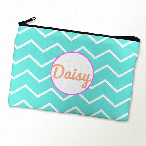 Aqua Chevron Pink Frame Personalized Cosmetic Bag