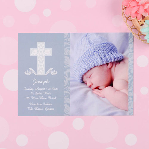 Framed Cross Boy Baptism Photo Invitation